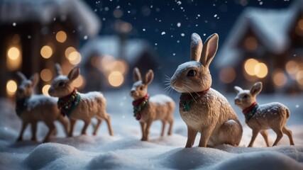 A serene winter scene featuring festive rabbits in snow, with cozy cottages glowing in the background