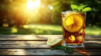A refreshing drink with lemon slices and mint sits on a wooden table, basking in warm sunlight, surrounded by a serene outdoor setting.