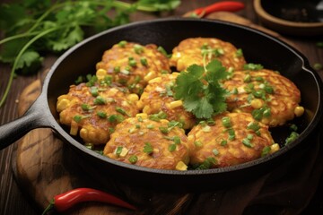 Fototapeta premium Appetizing Southern Corn Fritters in a Skillet with Fresh Cilantro. Comfort Food Made with Corn and Coriander Served in a Bowl