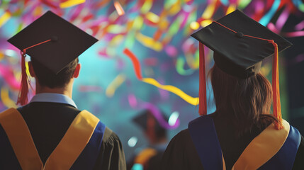University Graduation Celebration: Rear View of College Graduates Throwing Caps in the Air to Celebrate Academic Achievements.