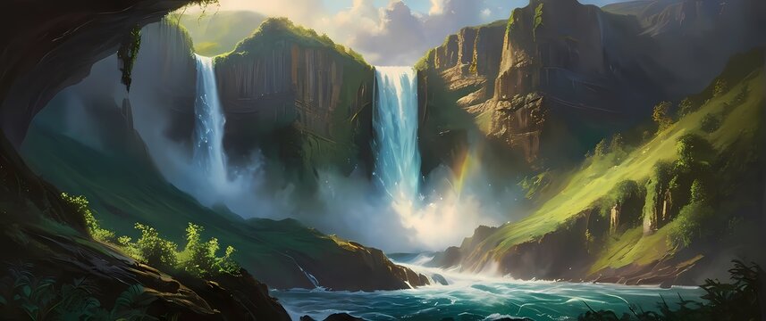 Captivating oil painting of a magnificent waterfall crashing over cliffs surrounded by the lush greenery of natures embrace