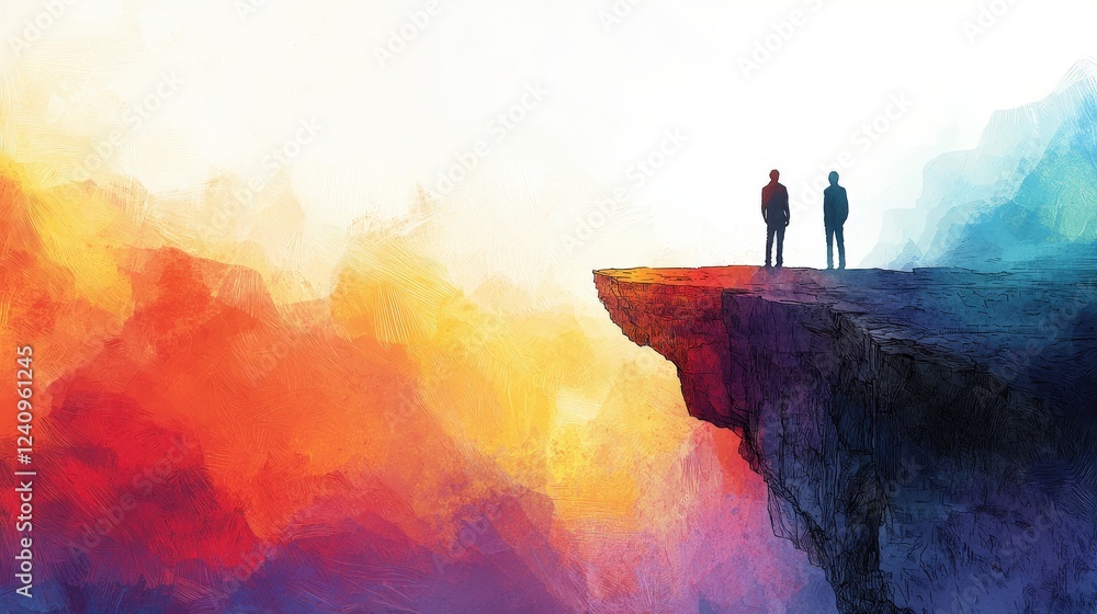 Poster two silhouetted figures standing on a colorful cliff with a abstract rainbow gradient background