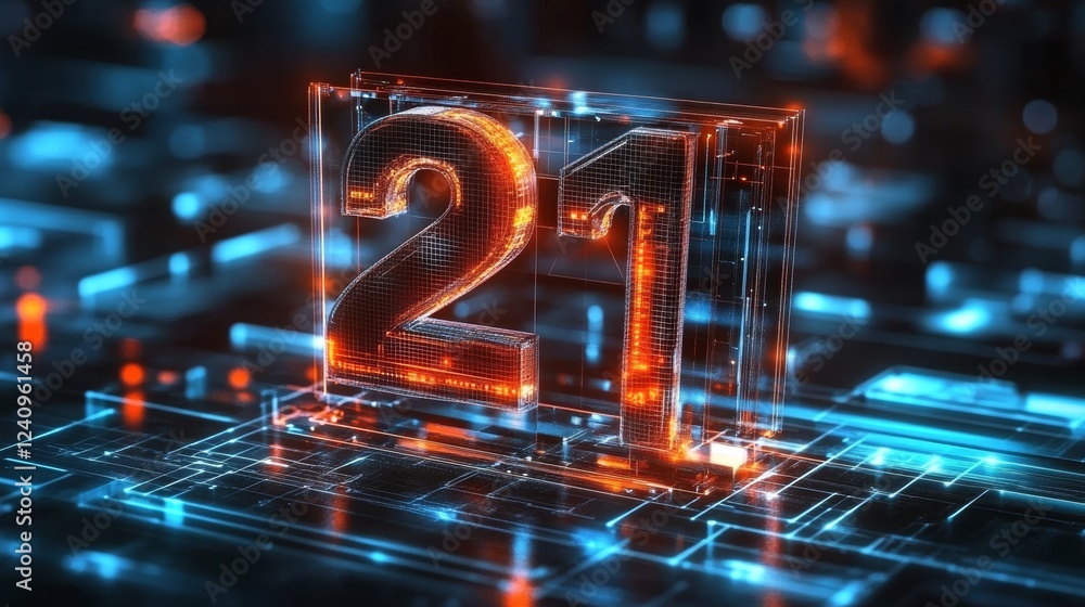 Poster glowing digital 3d number 21 on abstract technology background, futuristic design element