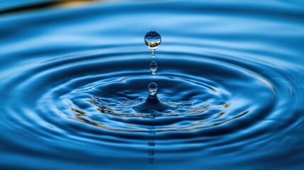 Stunning Close-Up of Water Droplet Making Ripples on Blue Surface During World Water Day with Gentle Reflection of Nature's Beauty