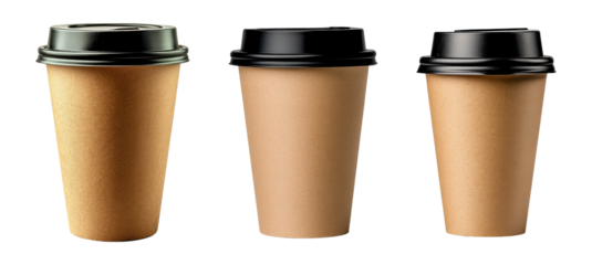 Collection of takeaway coffee cups with black lids and textured designs