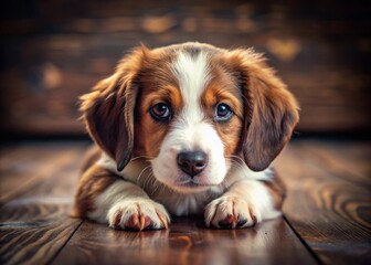 Adorable Brown and White Puppy on Wooden Floor - Cute Dog Stock Photo