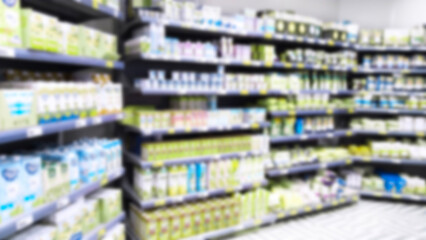 Abstract blur supermarket background. Retail industry. Rack system. Shopping. Aisle. Grocery store. Shelves with products. Cpg. Super mart. Resilient Food Future. Health Tech. Inflation and crisis.