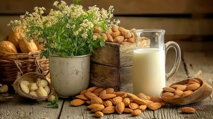 Fresh Almonds, Milk and Flowers in Rustic Setting with Wooden Table and Natural Light