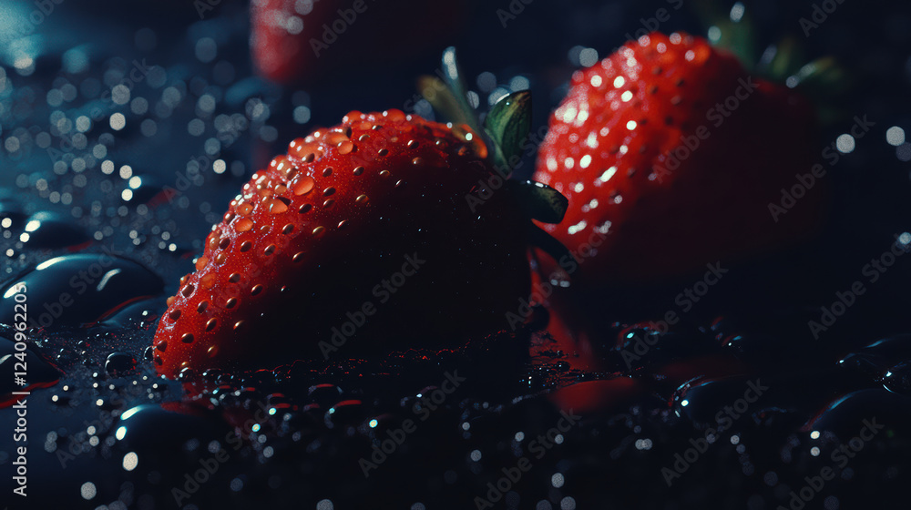 Poster close up of fresh strawberries with dew drops on dark background, showcasing their vibrant red color