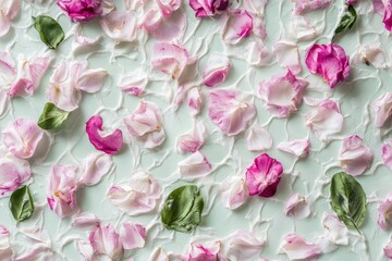 Obraz premium Pink rose petals and green leaves on a textured background.