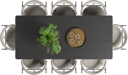 Top view of large dark wooden dining table with chairs