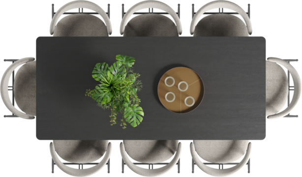 Top view of large dark wooden dining table with chairs