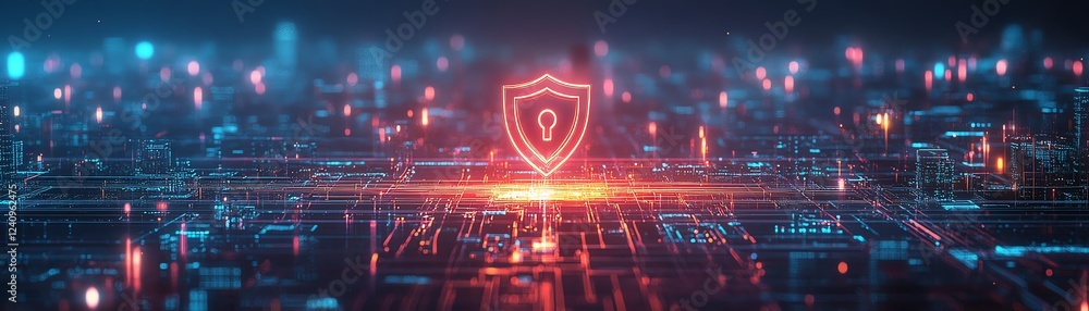 Poster futuristic endpoint security concept, glowing shield icon over a network of interconnected devices, 