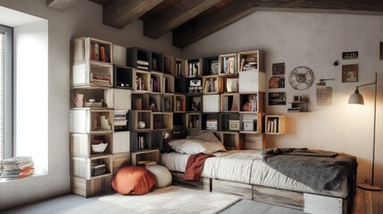 Corner storage unit with open shelving and wooden crates.