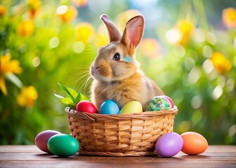 Adorable Easter Bunny Holding Basket of Colorful Eggs - Spring Holiday Stock Photo