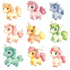 Fototapeta premium Tiny unicorn with a little sparkle collection, Watercolor style, isolated on white background, clipart