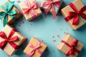 Wooden gift boxes wrapped in colorful ribbons, packaging, ribbon, paper