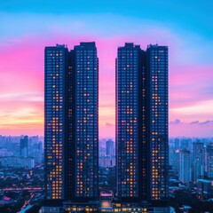 Obraz premium A stunning view of tall, modern skyscrapers against a vibrant sunset sky, showcasing urban architecture and city life.