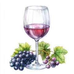 Tiny wine glass with a little grape cluster collection, Watercolor style, isolated on white background, clipart