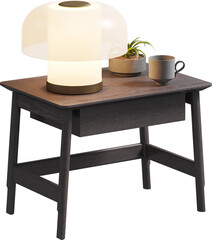 Perspective view of wooden bedside table with lamp shade