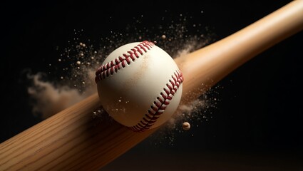 baseball bat hitting a ball with a cloud of dust and debris.