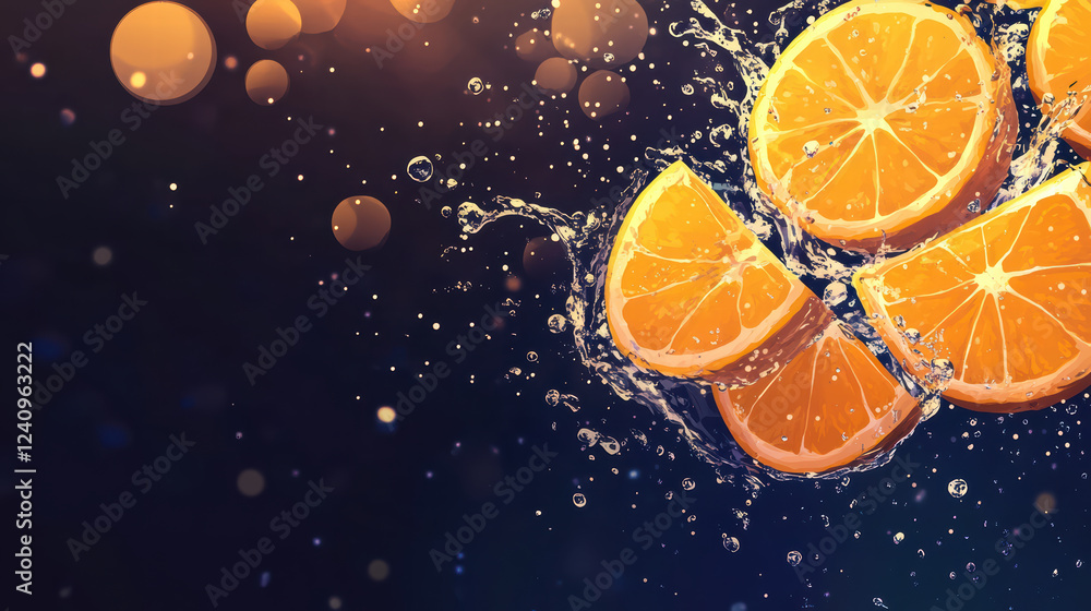 Poster juicy oranges splashing into water, creating refreshing scene with vibrant colors and dynamic moveme