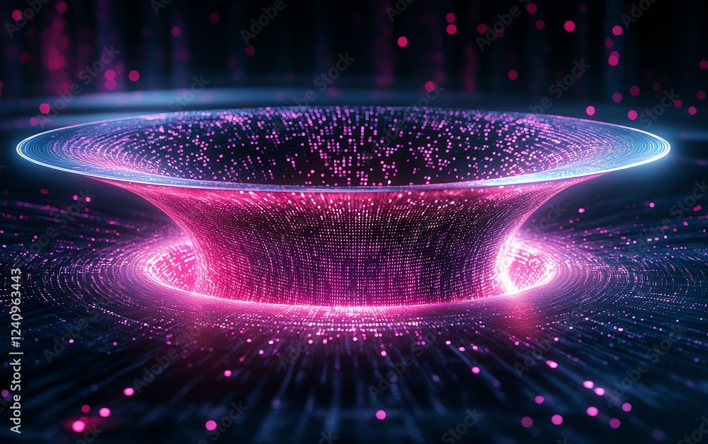 Poster massive data funnel with holographic grids, flowing streams of binary code, hightech futuristic desi