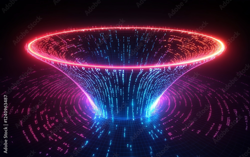Poster massive data funnel with holographic grids, flowing streams of binary code, hightech futuristic desi
