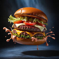 Delicious burger with fries on wooden table