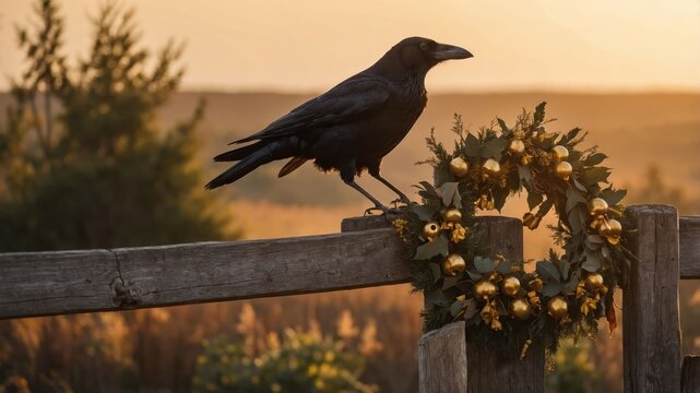 A raven perched on a rustic fence adorned with a golden wreath at sunset in a serene landscape - Powered by Adobe