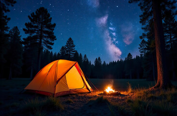 An orange tent stands next to a campfire in the forest, the night sky is starry.