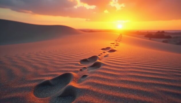 Two sets of small footprints disappearing into sunrise glow on sandy dune, sand ripples, footprints