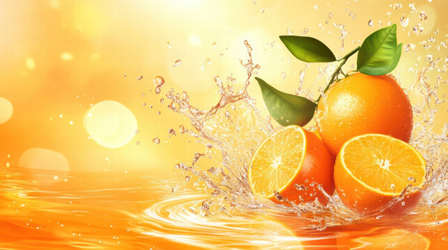 Juicy oranges splashing into water with vibrant orange background, creating refreshing and lively atmosphere. Perfect for summer themes and fruit related content