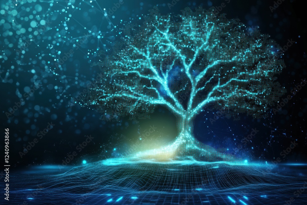 Poster futuristic data tree with glowing branches and matrix background in cyan highlights, a bold modern c