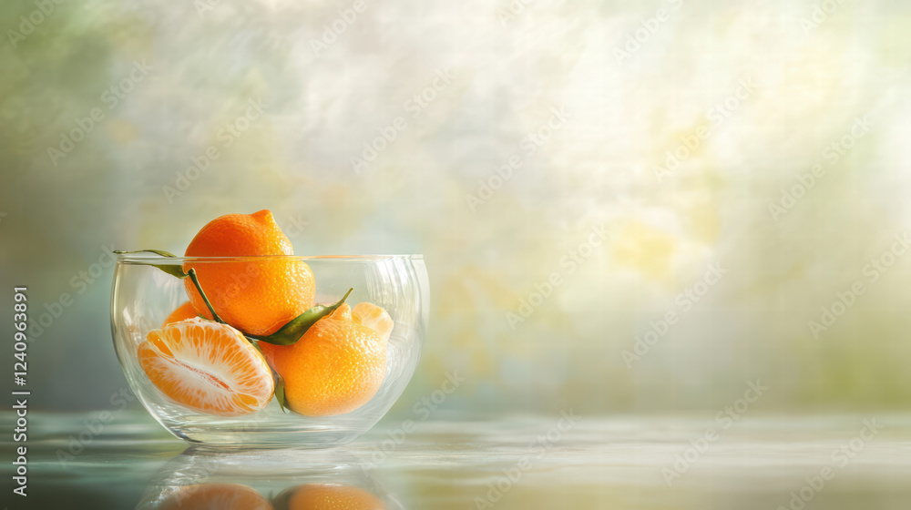 Poster fresh oranges in glass bowl with soft focus background create vibrant and inviting scene. bright col