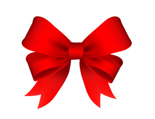 Bright red bow ribbon in realistic 3d style. Element design. Template for emblem or logotype. Vector illustration isolated on white background