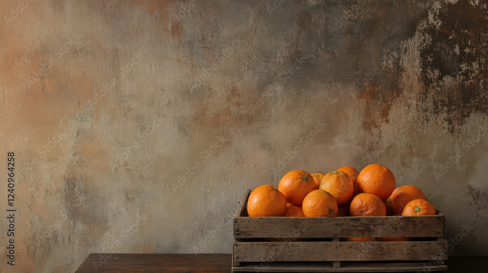 Poster fresh oranges in vintage wooden crate against rustic textured background create warm and inviting at