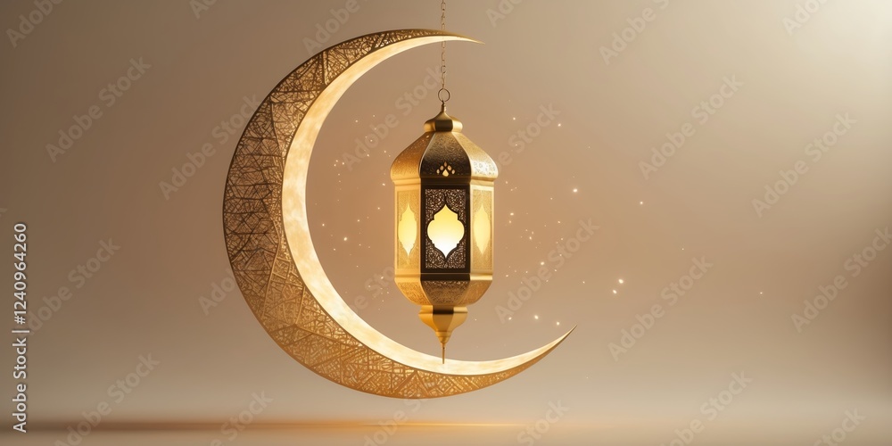Poster lantern hangs from crescent moon in tranquil setting with warm ambient light creating a serene atmos