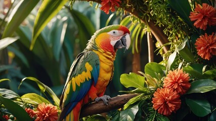Vibrant parrot perched among lush tropical foliage and blooming flowers in a serene garden setting
