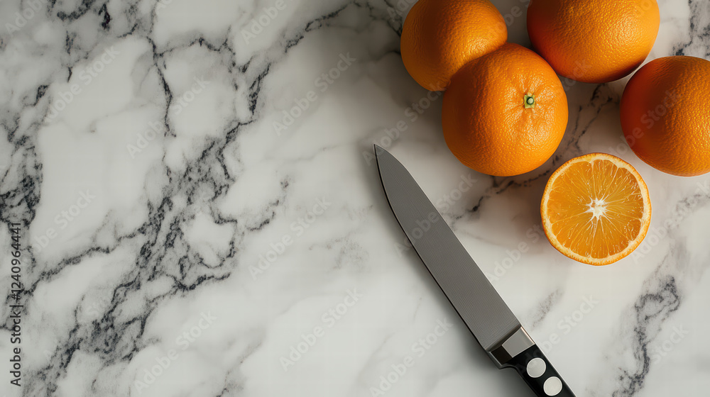 Poster fresh oranges on marble countertop with knife and sliced orange, creating vibrant and inviting kitch