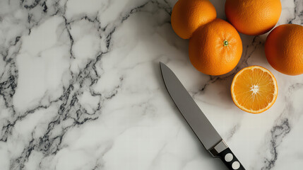 Fresh oranges on marble countertop with knife and sliced orange, creating vibrant and inviting kitchen scene