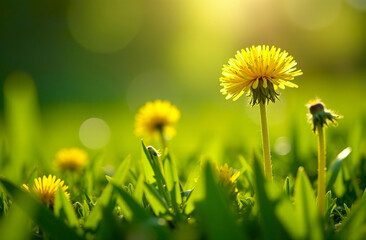 A meadow with dandelions on a sunny day, a place for text on the left.