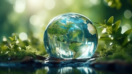 Crystal Clear Globe Depicting Earth Surrounded by Lush Greenery and Natural Elements for Eco-Friendly Initiatives and Environmental Awareness