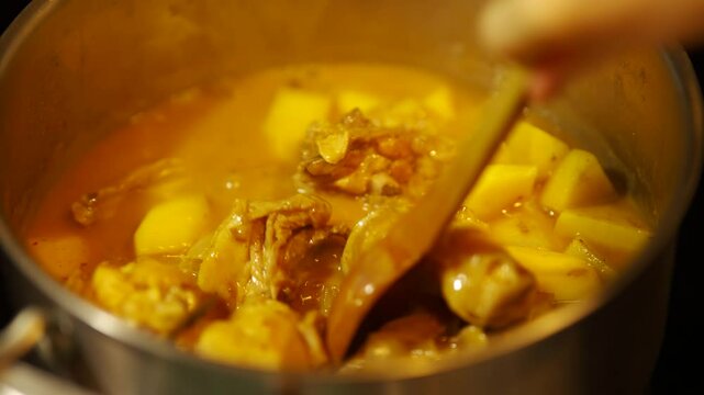 Chicken With Potatoes Cooking. Poultry And Vegetable Goulash Preparation 