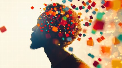 Radiant silhouette amidst floating symbols of personal experience