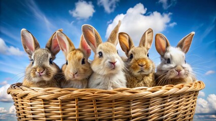 Obraz premium Adorable Rabbits in Woven Basket Against Vivid Blue Sky - Springtime Stock Photo