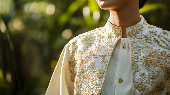 A person wearing a traditional Filipino barong tagalog, symbolizing Filipino culture and national pride with intricate embroidery.