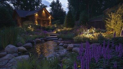 Obraz premium Illuminated garden pond with underwater LED lights.