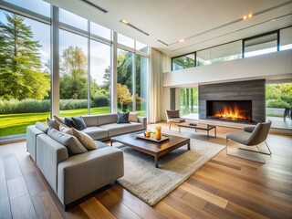 Fototapeta premium Bright Minimalist Living Room with Modern Fireplace & Natural Light - Long Exposure Stock Photo