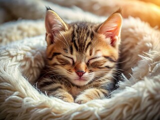 Fototapeta premium Adorable Sleepy Tabby Kitten Curled on Cozy Comforter - Stock Photo